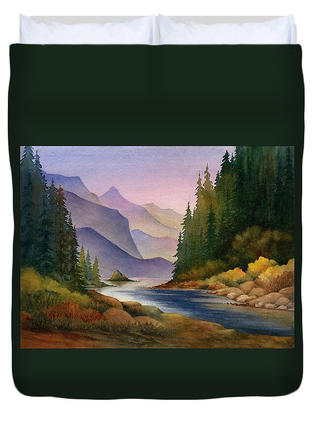 Watercolor Painting Duvet Cover featuring the digital art Mountain Stream by Ileximage