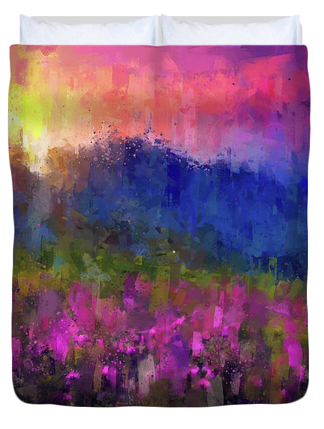 Mountain Duvet Cover featuring the painting Mountain sunset by Vart Studio