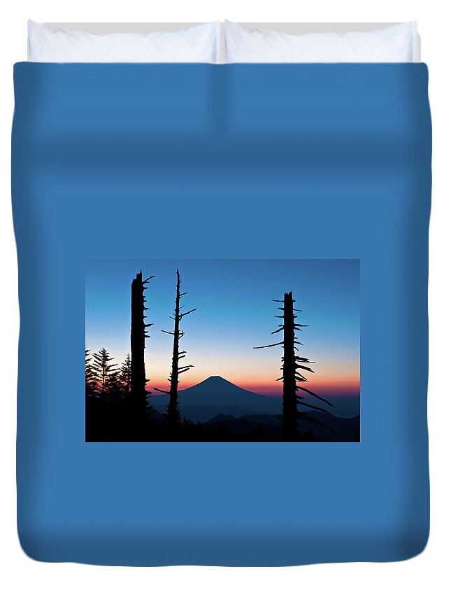 Scenics Duvet Cover featuring the photograph Mt. Fuji Agianst Clear Morning Sky by Huayang