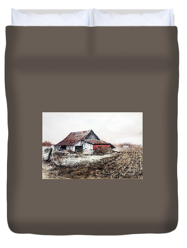 A Weathered Barn Sets At The Edge Of A Harvested Corn Field In Winter. Duvet Cover featuring the painting Mud Season by Monte Toon