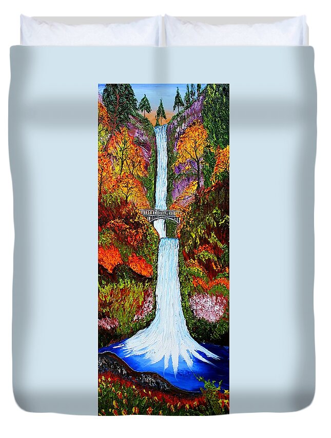  Duvet Cover featuring the painting Multnomah Falls Water Bridge Of Autumn #2 by James Dunbar