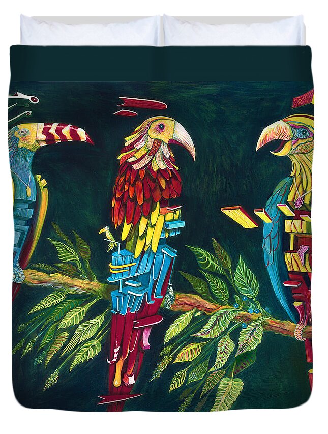 Parrots Duvet Cover featuring the painting Munton Parrots by Yom Tov Blumenthal