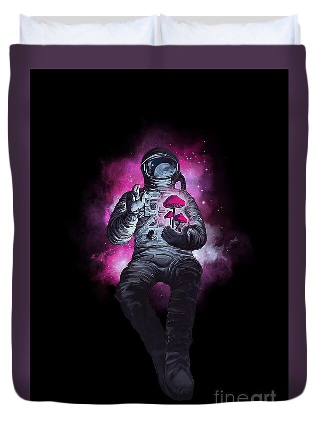 Space Travel Duvet Cover featuring the painting Mushroom Cosmonaut space traveller by Sassan Filsoof