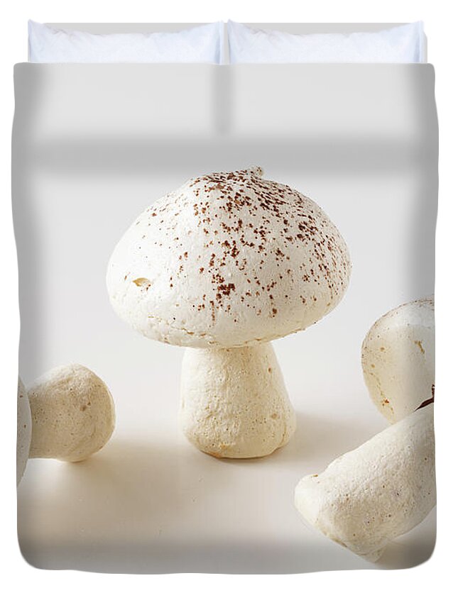White Background Duvet Cover featuring the photograph Mushrooms by Carin Krasner