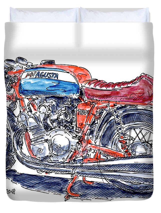 Motorbike Duvet Cover featuring the drawing MV Agusta 750 S Classic Motorcycle Ink Drawing and Watercolor by Frank Ramspott