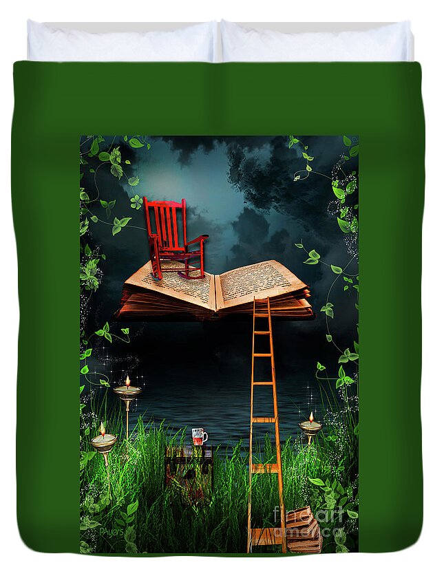 Magical Flying Book Print Duvet Cover featuring the mixed media My Book Said COME FLY WITH ME by Paula Ayers