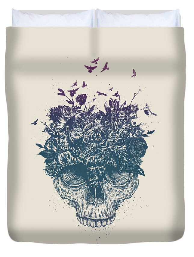Skull Duvet Cover featuring the drawing My head is jungle by Balazs Solti