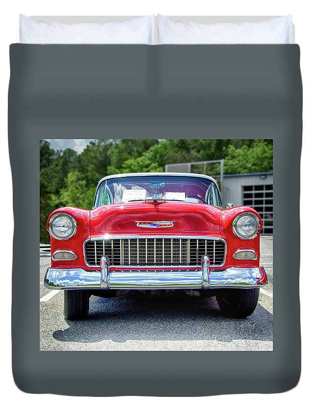 Chevy Duvet Cover featuring the photograph My-oh-My a 55 by Michael Frank