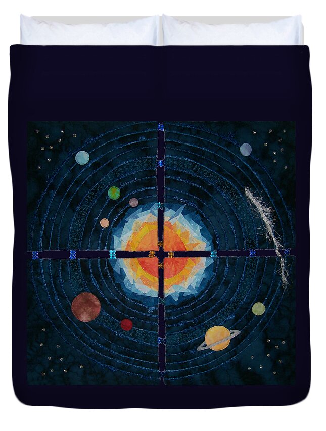 Art Quilt Duvet Cover featuring the tapestry - textile My Very Educated Mother Just Said Uh-Oh, No Pluto by Pam Geisel