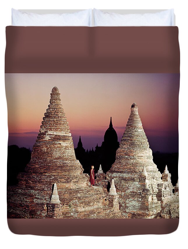 Child Duvet Cover featuring the photograph Myanmar, Bagan,buddhist Monk On Temple by Martin Puddy