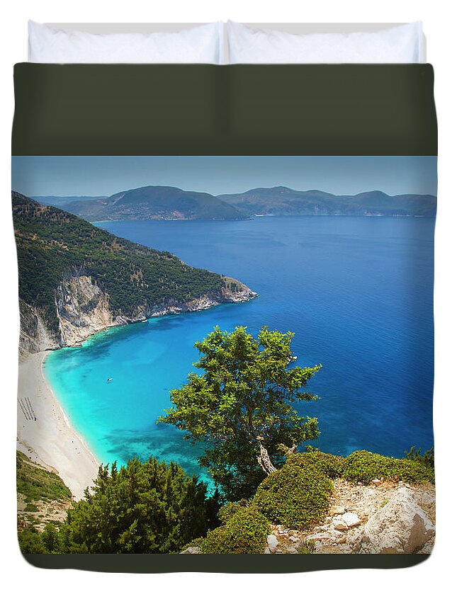 Scenics Duvet Cover featuring the photograph Myrtos Beach In Kefalonia by Alex Bramwell