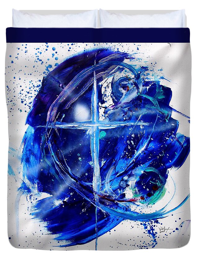 #faith #god #god #jesus #jesus #christ #cross #christian #christiancross #abstract #art #painting #blue #light #peace #agnostic #sky #answer #question #scarpace #joy #faith Duvet Cover featuring the painting Mystery of Faith by J Vincent Scarpace