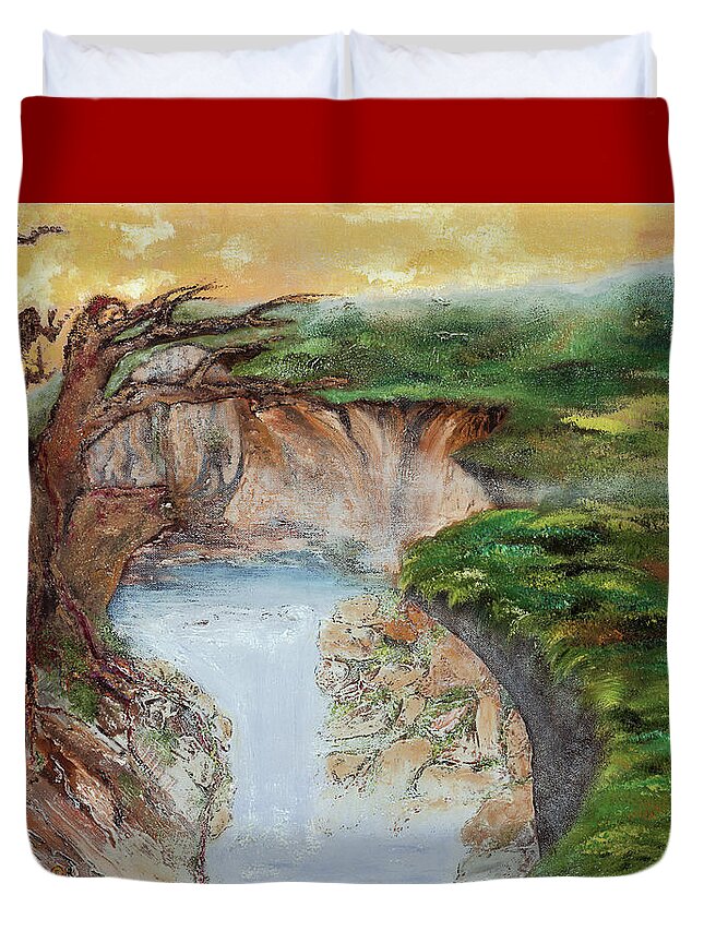 Landscape Duvet Cover featuring the painting Mystic Cliffs by Anitra Boyt
