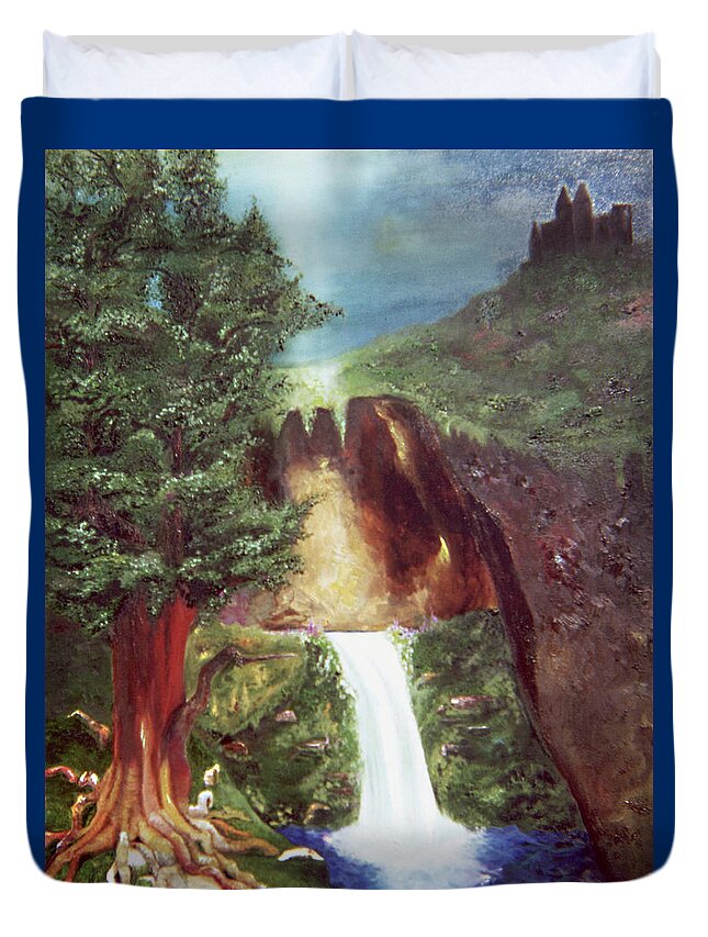 Fairytale Painting With Castles Duvet Cover featuring the painting Mystic Cliffs II by Anitra Boyt