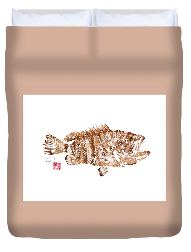 Grouper Duvet Cover featuring the painting Mystic Grouper - Brown by Adrienne Dye