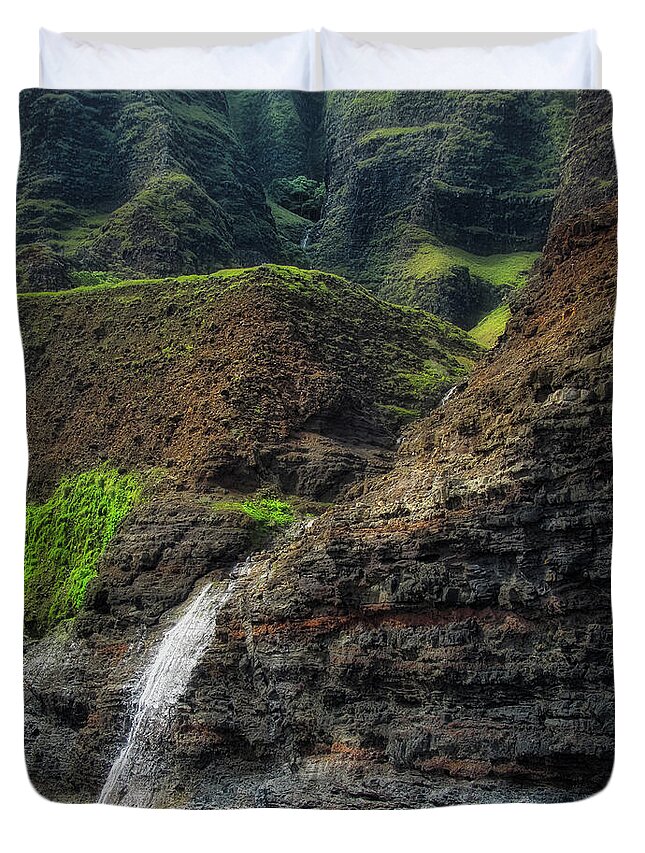 Aerial Duvet Cover featuring the photograph Na Pali Coast Waterfall by Andy Konieczny