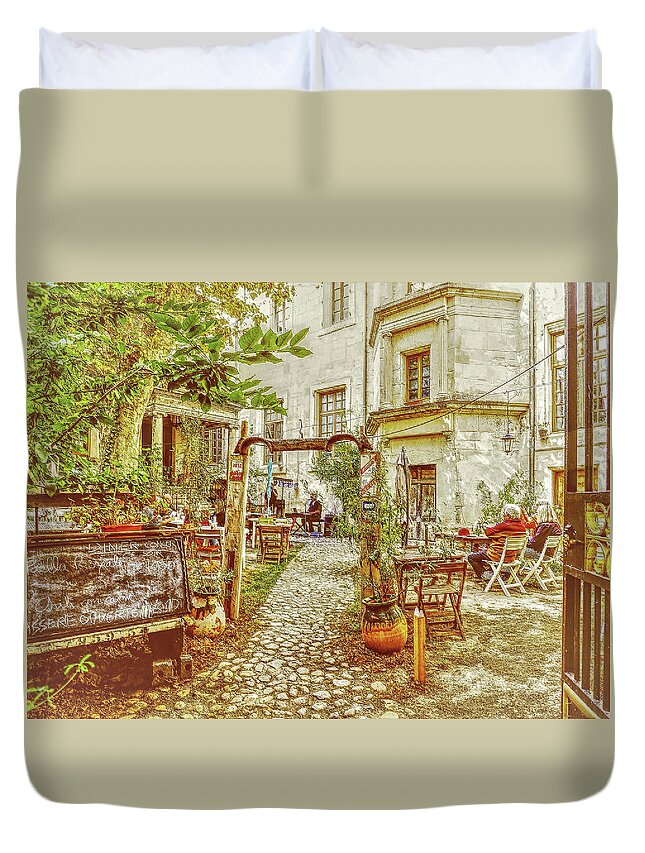 Cafe Duvet Cover featuring the photograph Narbone Cafe 2 by Bearj B Photo Art