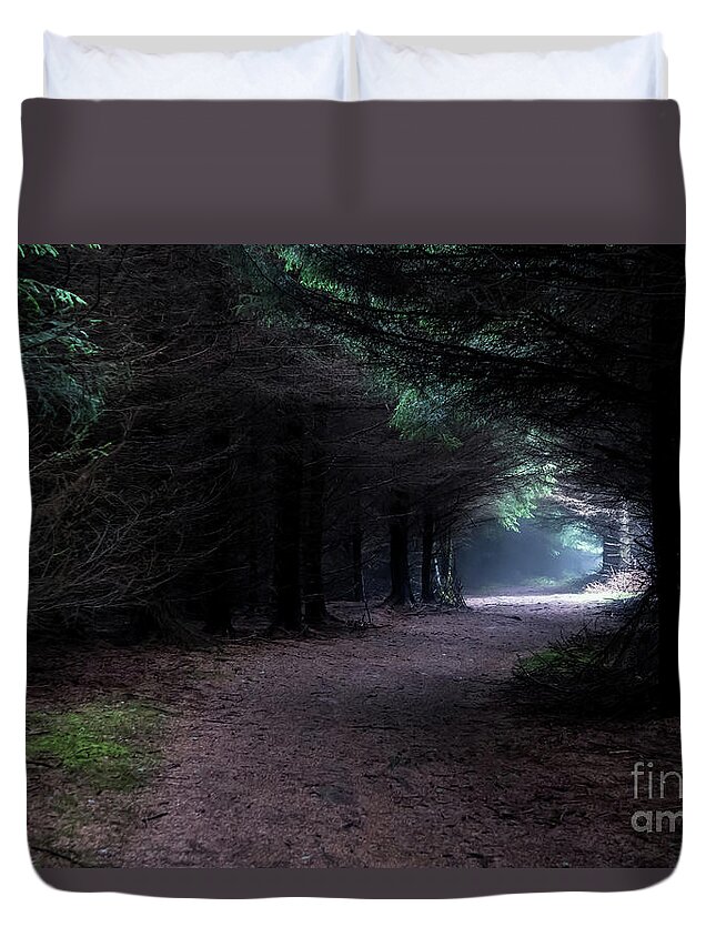 Wood Duvet Cover featuring the photograph Narrow Path Through Foggy Mysterious Forest by Andreas Berthold