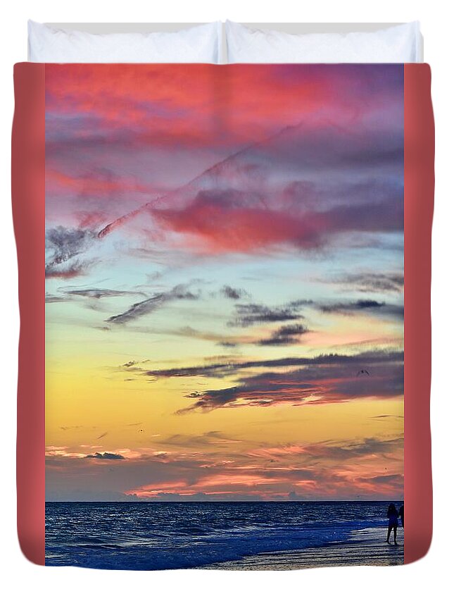 Lido Beach Sarasota Florida Sunset Families Enjoying Celebration July 4th Sand Sun Waves Clouds Beauty Orange Red Blue Gray Black Darkness Duvet Cover featuring the photograph Natures Fireworks Vertical by Gary F Richards