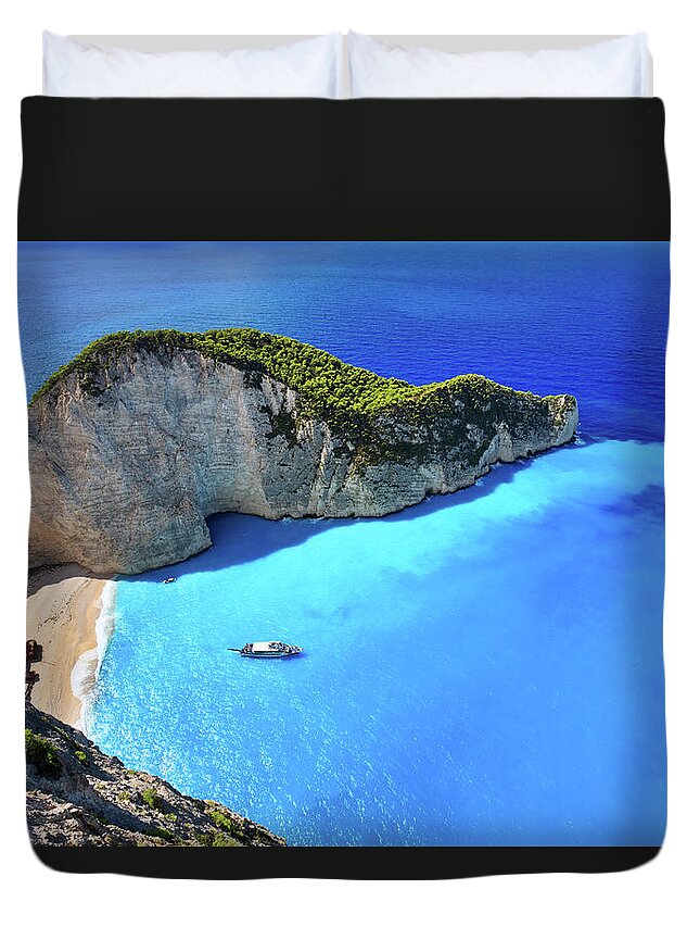 Extreme Terrain Duvet Cover featuring the photograph Navagio Beach, Zakynthos Island, Greece by Rusm