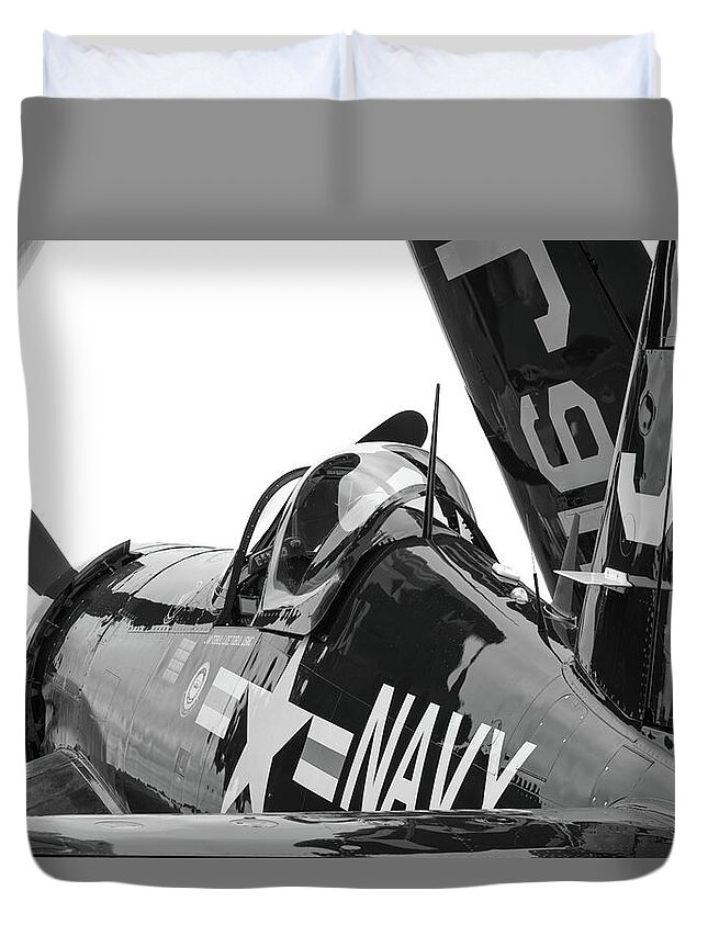 F4u Duvet Cover featuring the photograph Navy Corsair in Black and White by Chris Buff
