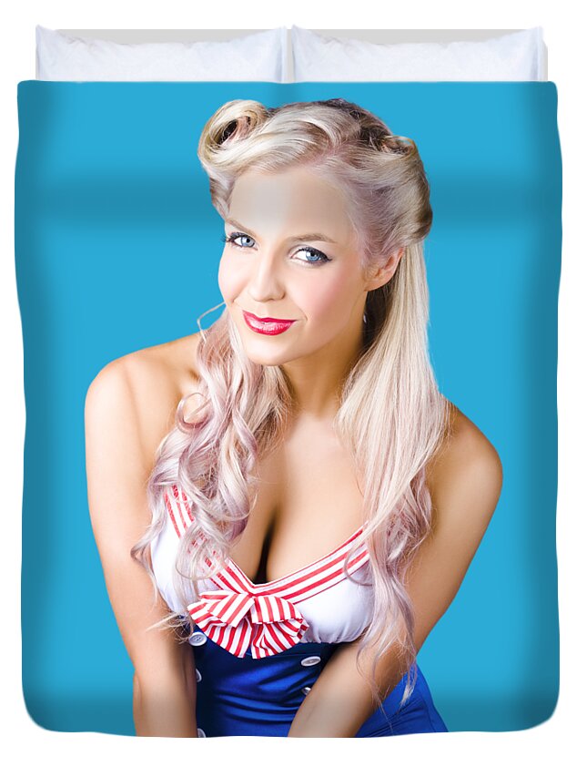 Sailor Duvet Cover featuring the photograph Navy pinup woman by Jorgo Photography