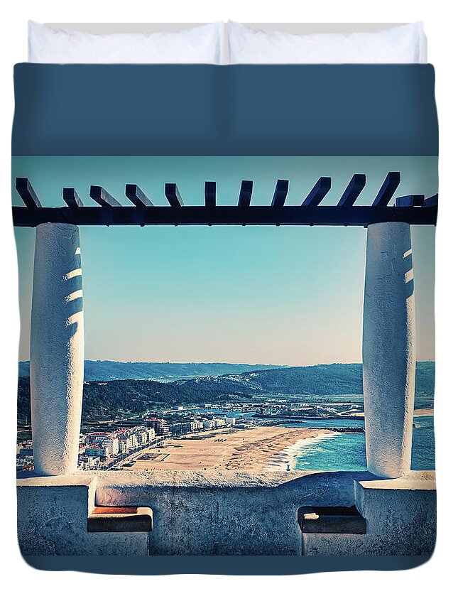 Portugal Duvet Cover featuring the photograph Nazare View From Upper Town - Portugal by Stuart Litoff