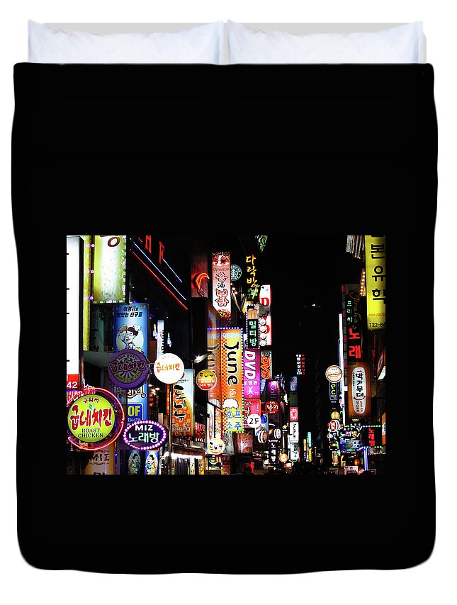 Seoul Duvet Cover featuring the photograph Neon Signs by Alok Rana