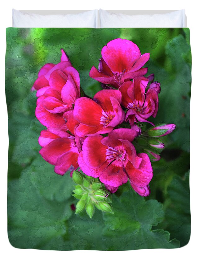 New Coral Rose Geranium Blossoms Duvet Cover featuring the photograph New Coral Rose Geranium Blossoms by Sandi OReilly