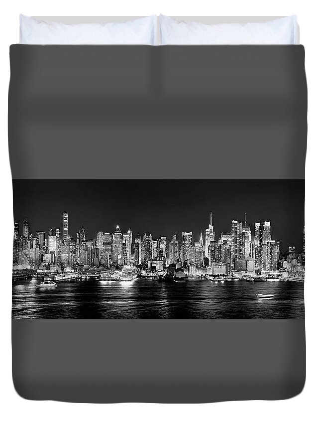 New York City Skyline At Night Duvet Cover featuring the photograph New York City NYC Skyline Midtown Manhattan at Night Black and White by Jon Holiday