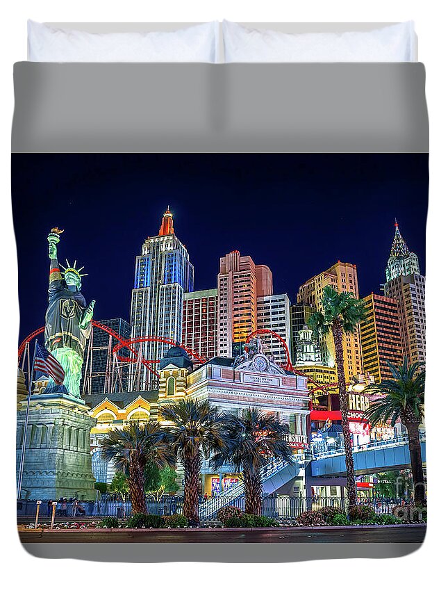 New York New York Casino Duvet Cover featuring the photograph New York New York Casino at Dusk Low Angle Golden Knights by Aloha Art