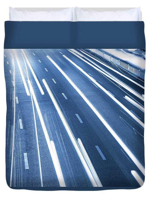 Chinese Culture Duvet Cover featuring the photograph Night Traffic Light On Big City by Fzant