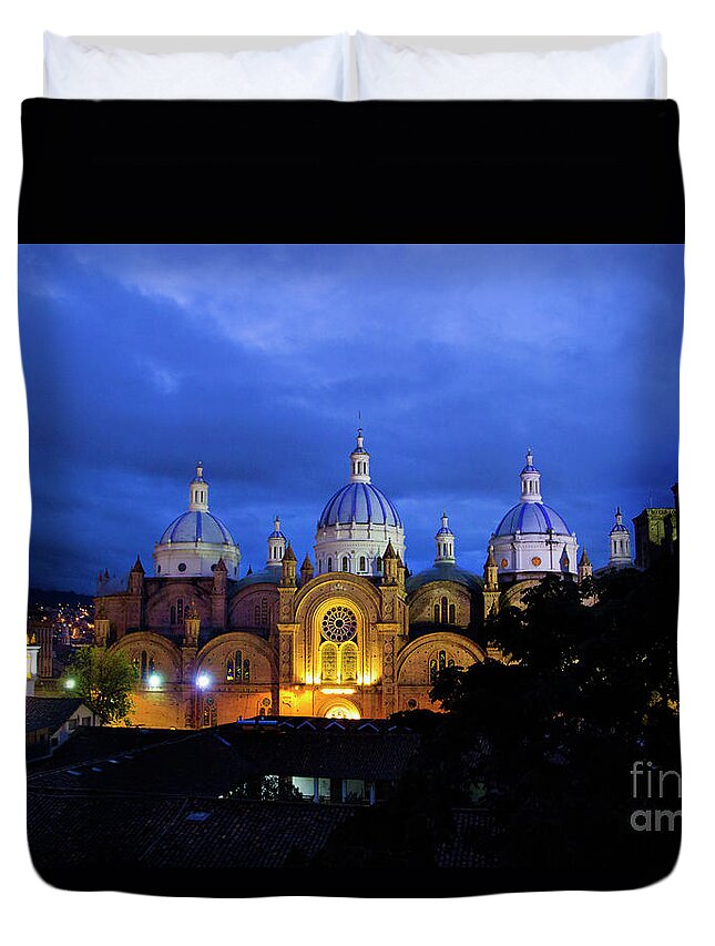 Domes Duvet Cover featuring the photograph Night View Of Immaculate Conception Cathedral, Cuenca, Ecuador by Al Bourassa