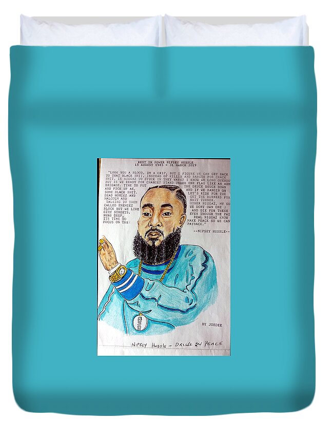 Black Art Duvet Cover featuring the drawing Nipsey Hussle's Drive for Peace by Joedee