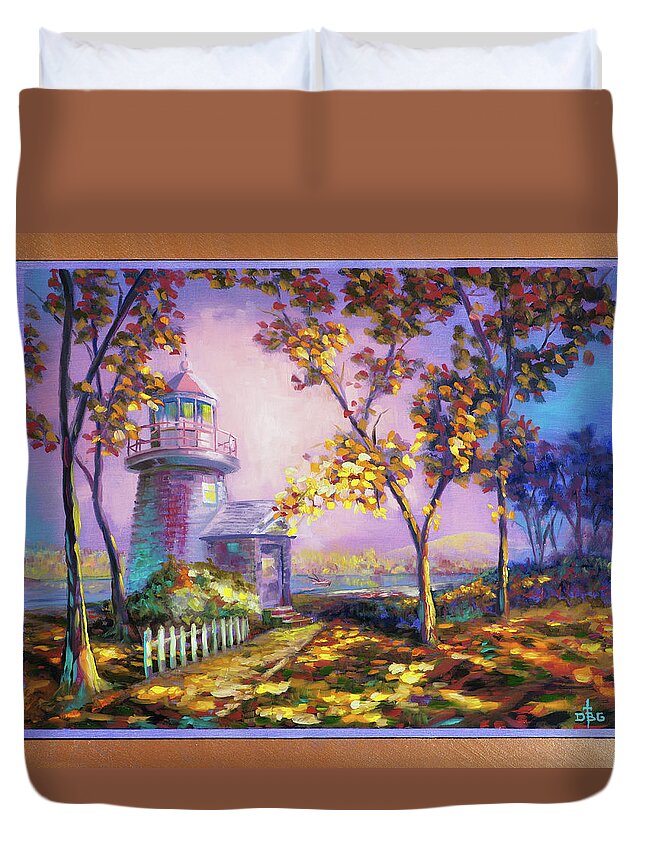 Lighthouse Duvet Cover featuring the painting Northeast Autumn Sentinel by David Bader