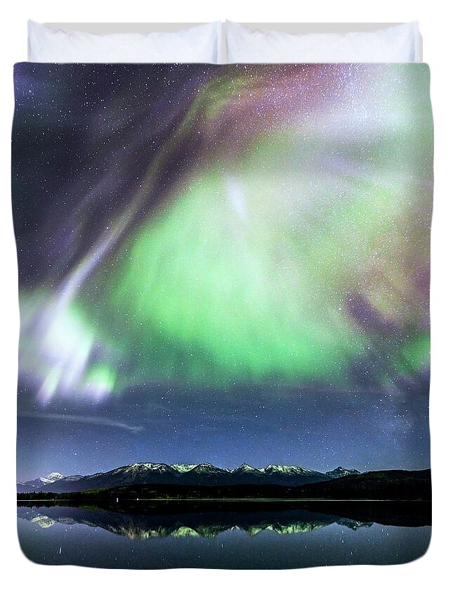 Northern Lights Duvet Cover featuring the photograph Northern lights over Jasper by Matteo Colombo