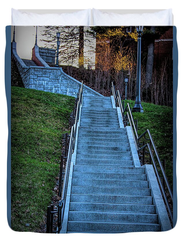 Centennial Stairs Duvet Cover featuring the photograph Norwich University Centennial stairs with Dates by Jeff Folger