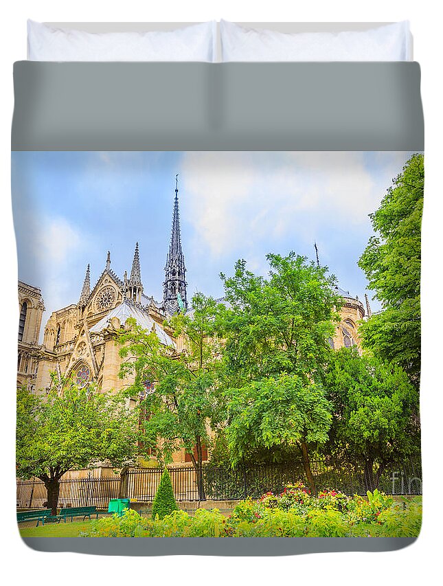 Paris Duvet Cover featuring the photograph Notre Dame with garden by Benny Marty