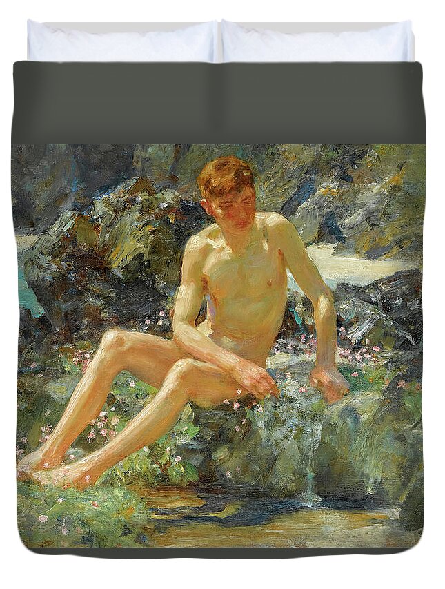 Henry Scott Tuke Duvet Cover featuring the painting Nude On The Rocks, 1927 by Henry Scott Tuke