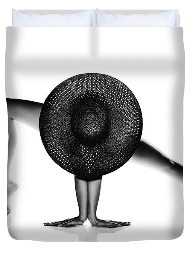 Woman Duvet Cover featuring the photograph Nude Woman Black hat by Johan Swanepoel
