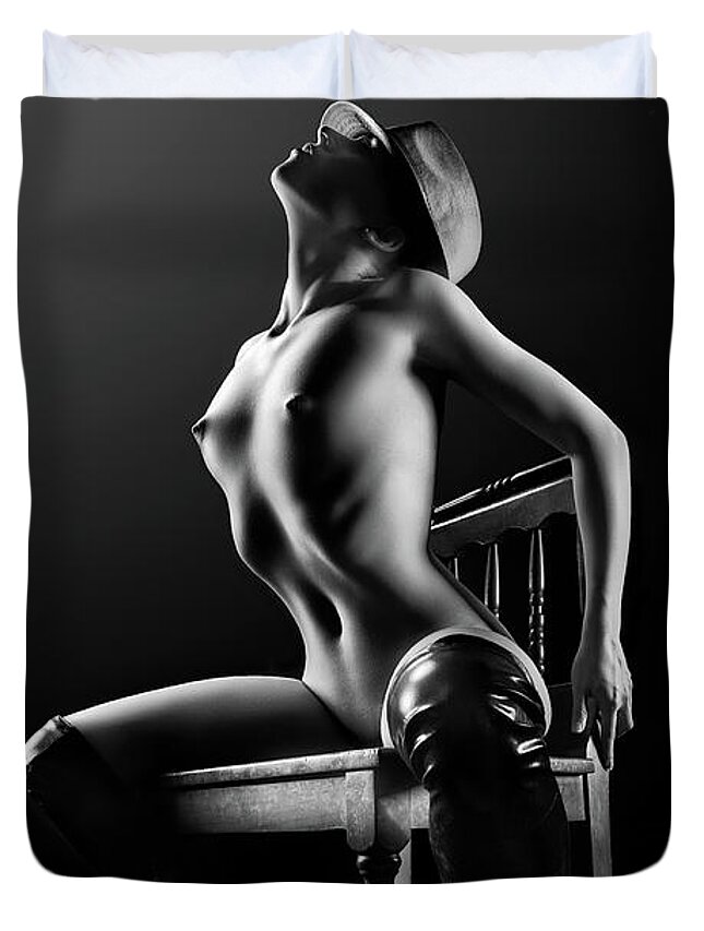 Woman Duvet Cover featuring the photograph Nude woman on chair 2 by Johan Swanepoel