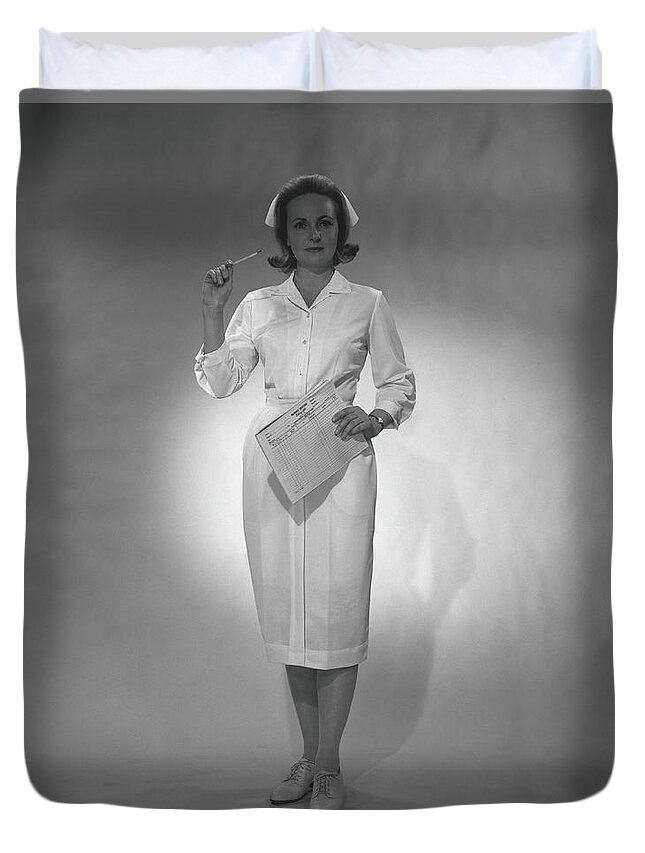Mid Adult Women Duvet Cover featuring the photograph Nurse Holding Medical Chart Posing In by George Marks