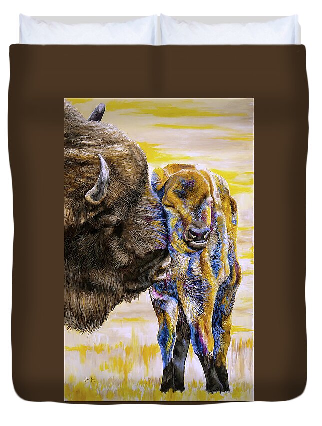 Bison Duvet Cover featuring the painting Nuzzled by Averi Iris