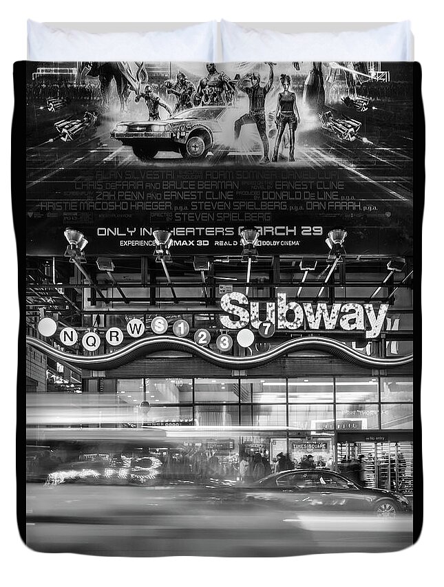 Times Square Duvet Cover featuring the photograph NYC Subway Stations BW by Susan Candelario