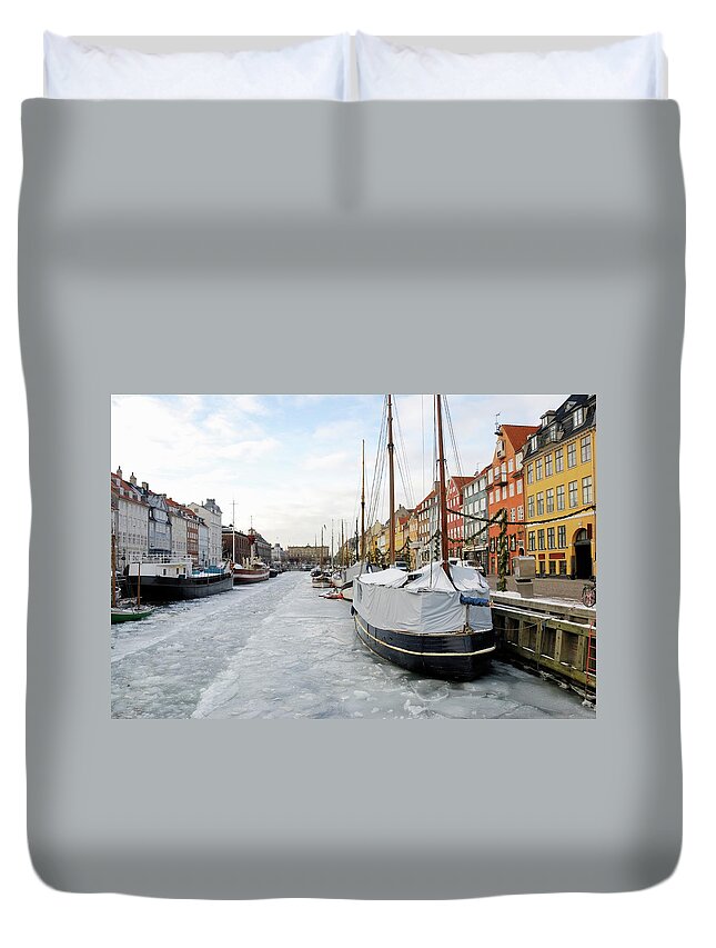 Copenhagen Duvet Cover featuring the photograph Nyhavn In Copenhagen, Denmark - Ice by Monap