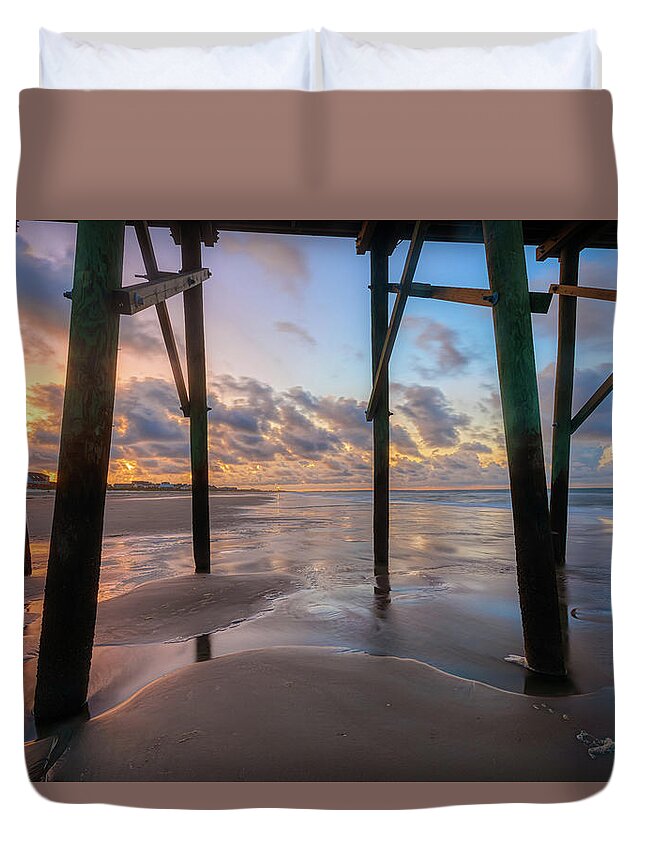 Oak Island Duvet Cover featuring the photograph Oak Island Pier Sunrise by Nick Noble