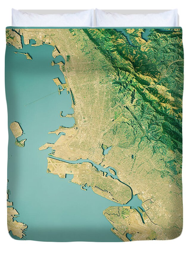 Oakland Duvet Cover featuring the digital art Oakland 3D Render Topographic Map Color by Frank Ramspott