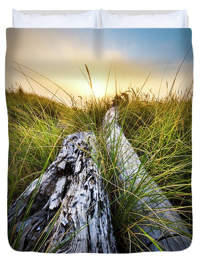 Clouds Duvet Cover featuring the photograph Ocean Driftwood by Debra and Dave Vanderlaan