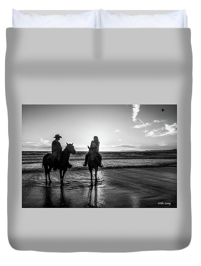 Horse Duvet Cover featuring the photograph Ocean Sunset on Horseback by Mike Long