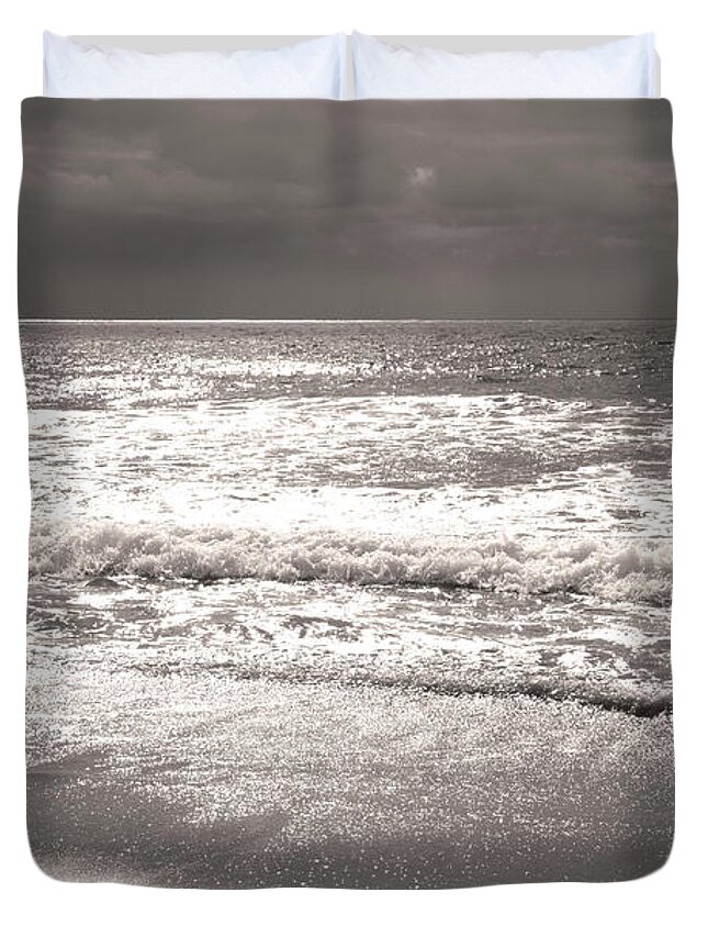 Black And White Duvet Cover featuring the photograph Oceanside California Beach B and W Clouds on Water by Catherine Walters
